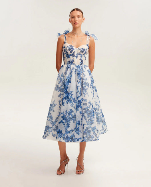 Robe de vacances style fée française à bretelles spaghetti sans manches