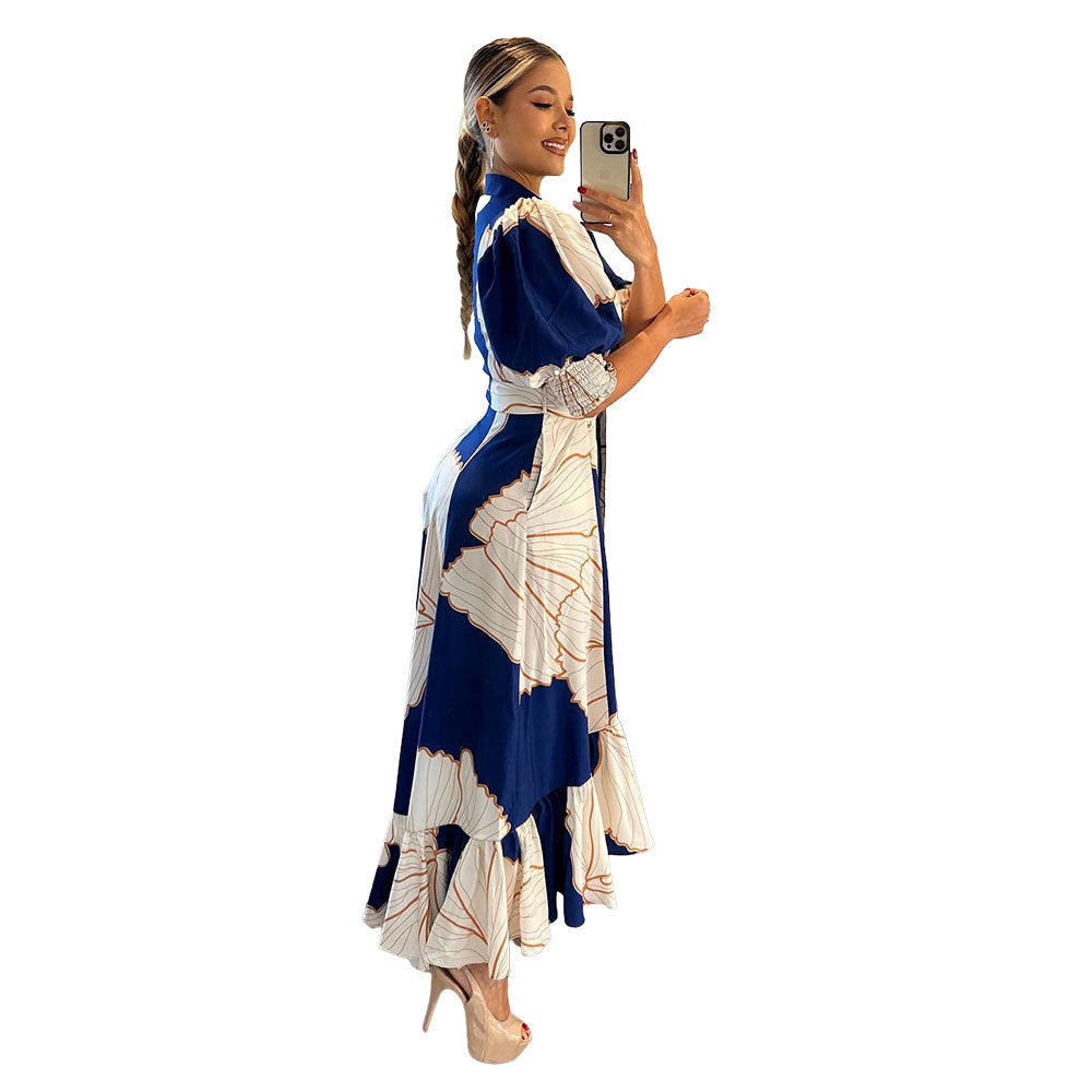 Irregular High Waist Temperament Shirt Cardigan Printing Maxi Dress