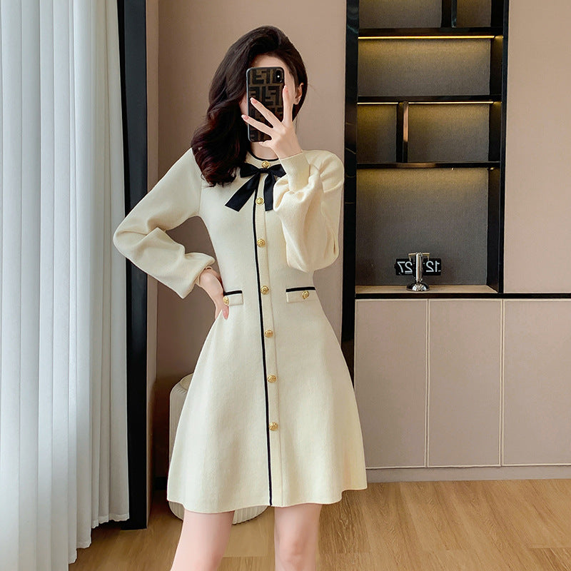 Vestido de punto con cuello y mangas de farol de invierno estilo francés con temperamento de diosa