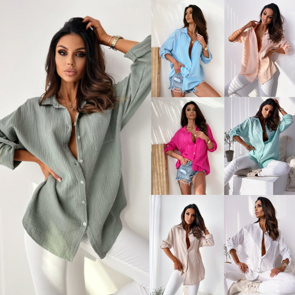 Chemise en coton et lin pour femme, manches longues, col en V, boutons, simplicité d'automne