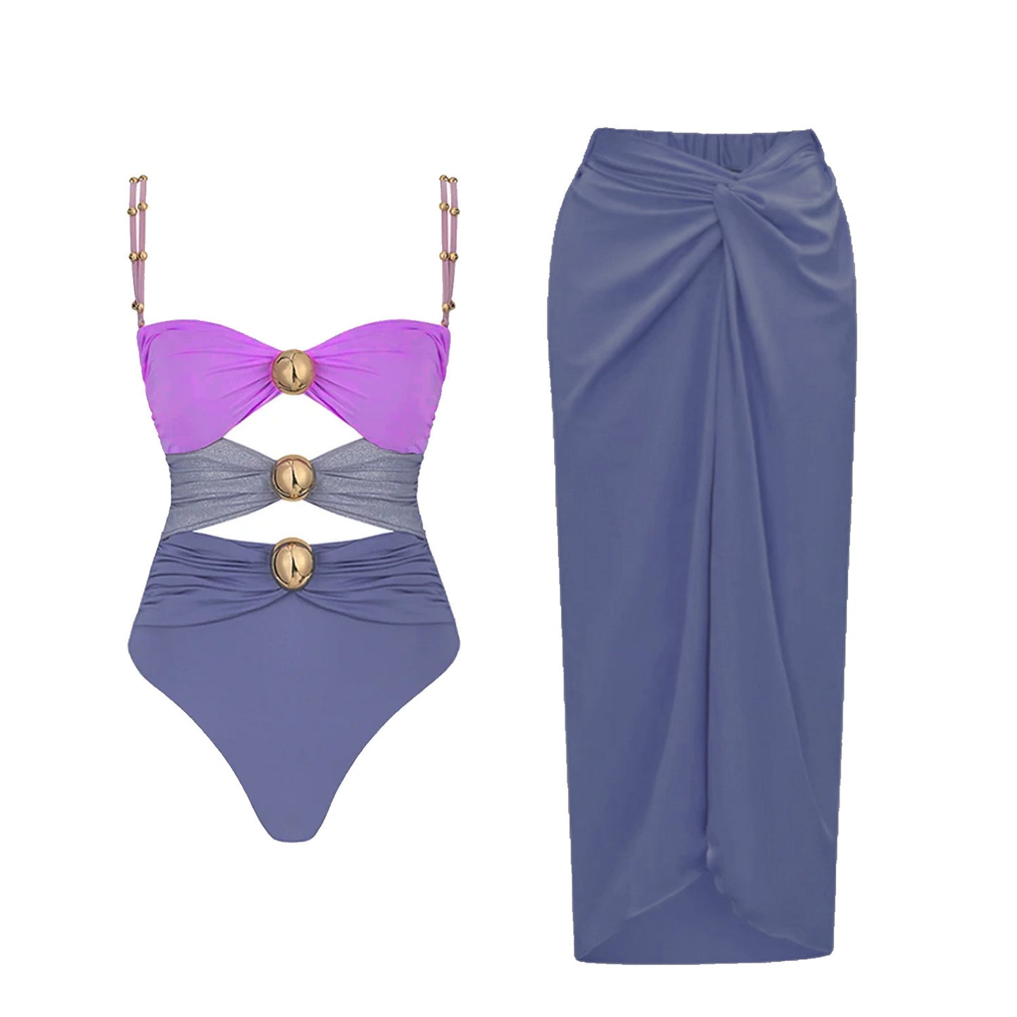 Maillot de bain bikini trois pièces fendu à boutons dorés pour femme