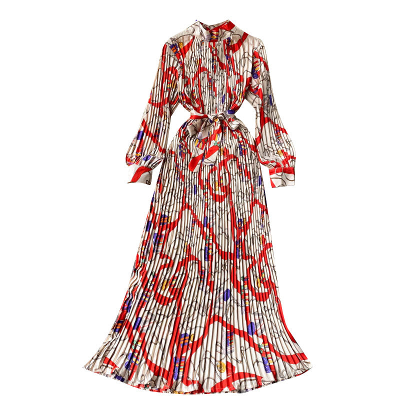 Retro Printing Pleated Long Dress