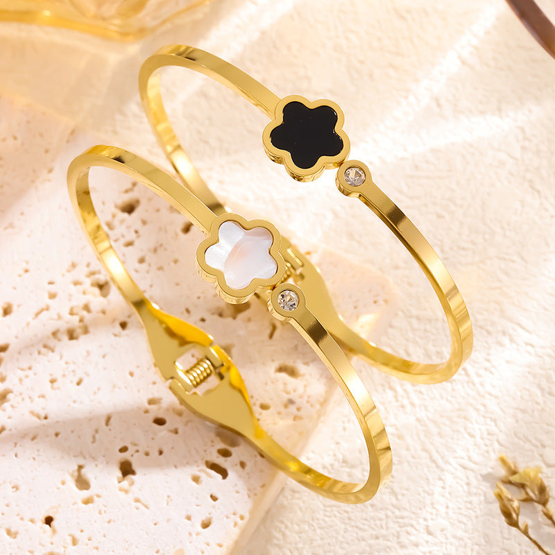 Bracelet panthère en acier titane à cinq feuilles et fleurs