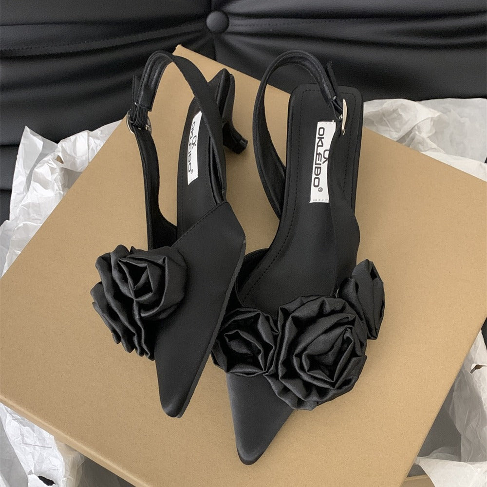 Sandalias puntiagudas con punta cerrada y flor francesa, color negro, zapatos de hadas