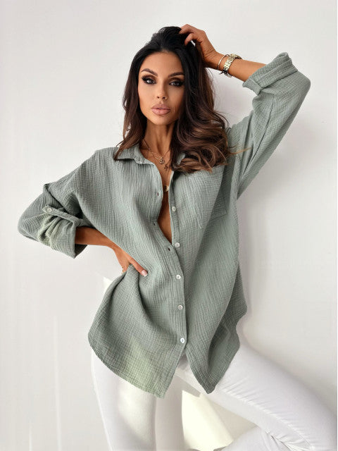 Chemise en coton et lin pour femme, manches longues, col en V, boutons, simplicité d'automne