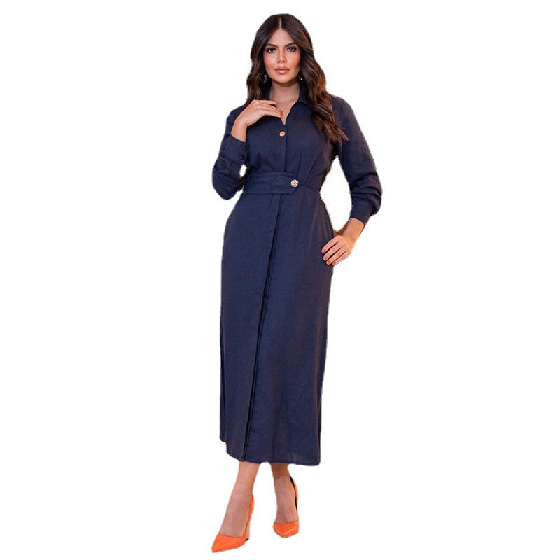 Women's Lapel Long Sleeve Waist Split Long Dress