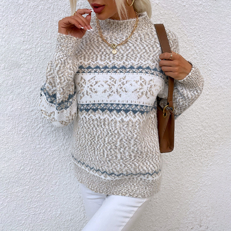 Pull demi-col roulé flocon de neige pour femme