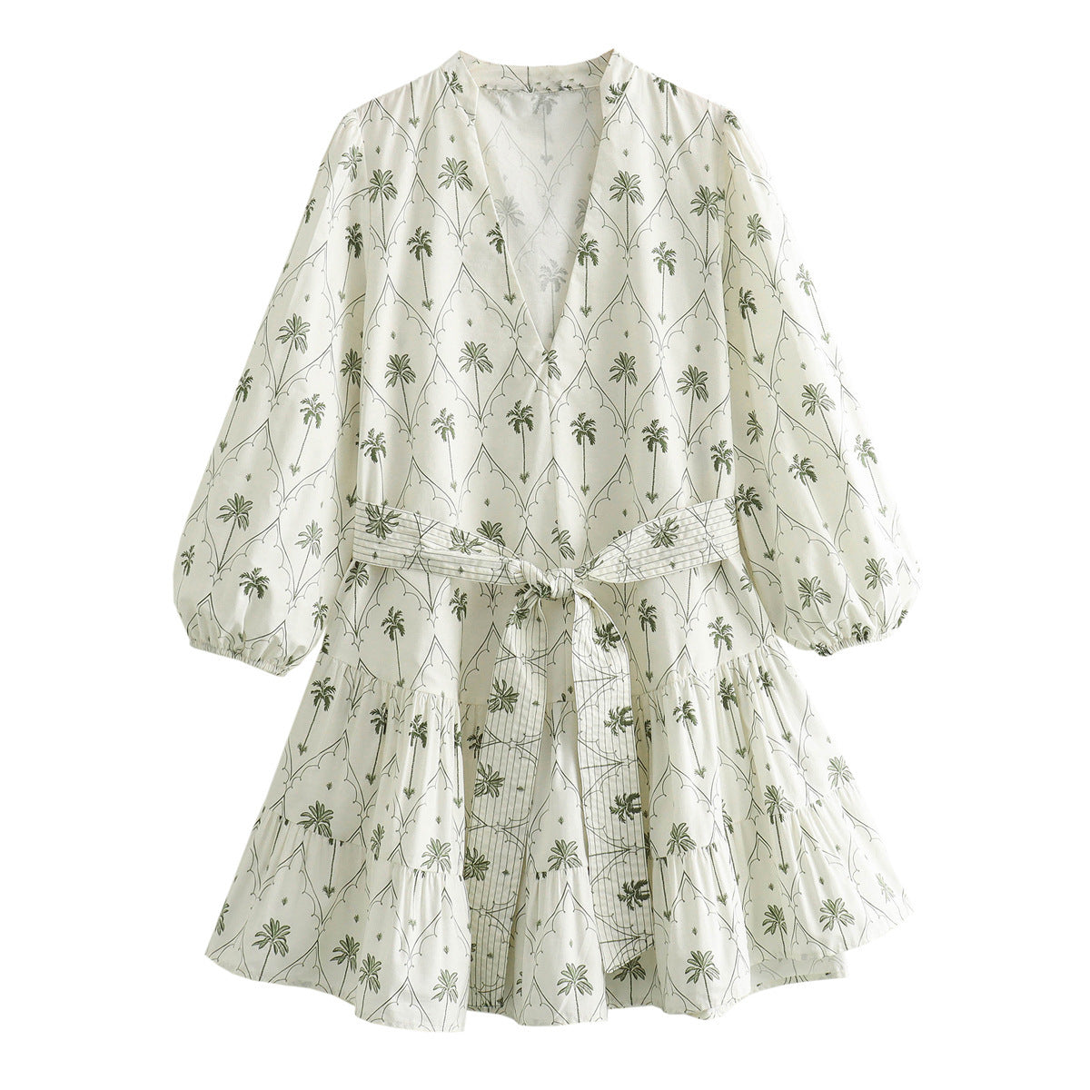 Robe à manches longues et col en V pour femme avec ceinture