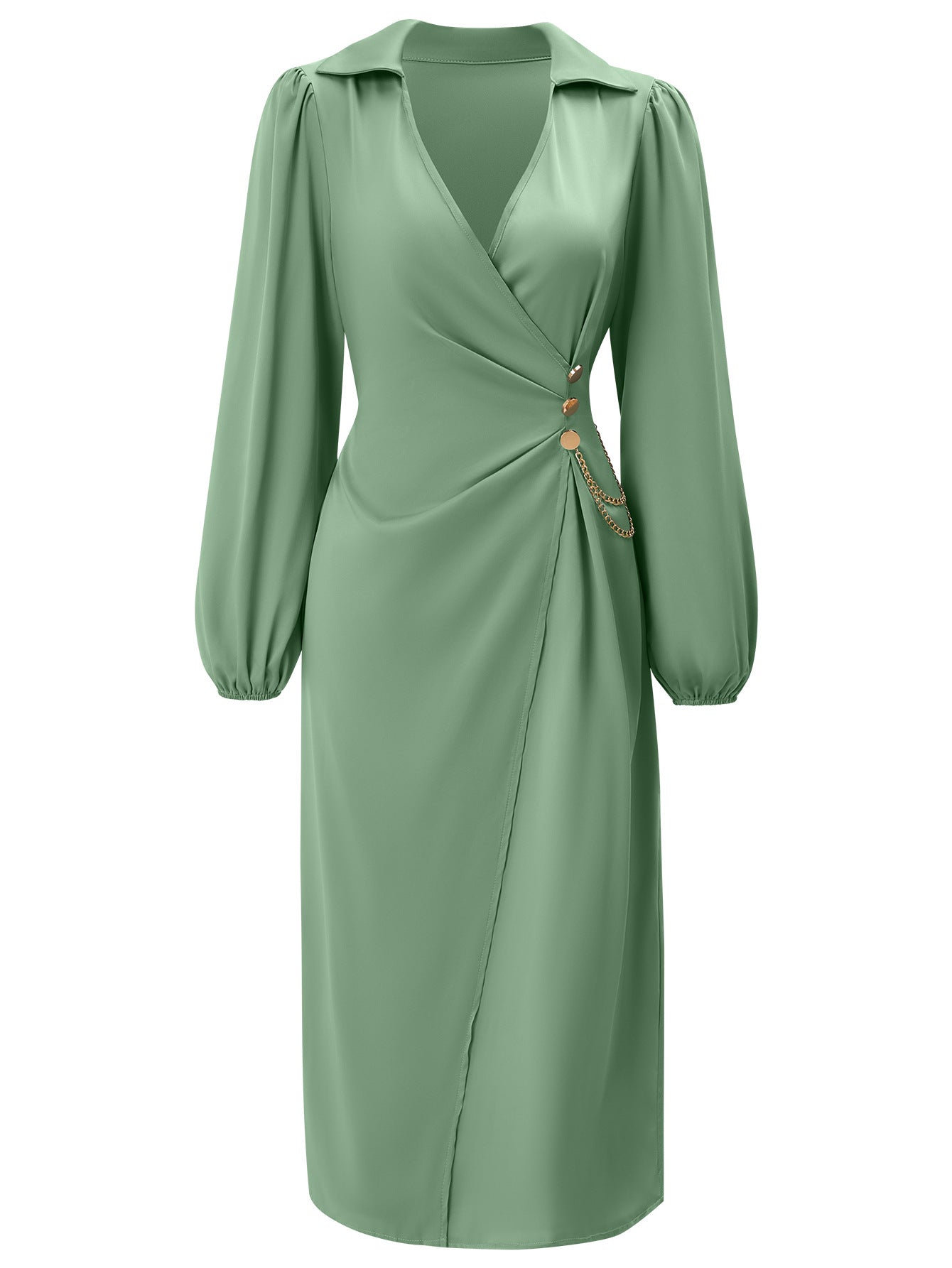 Robe décontractée à manches longues et col en V, couleur unie, nouée à la taille