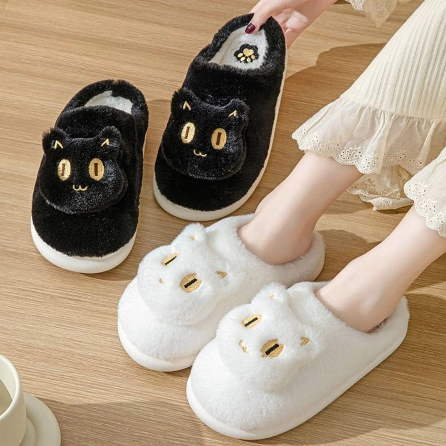 Chaussons en coton pour chat, doux, confortables et chauds, à enfiler, pour la maison, mignons, en forme de tête de chat, pour l'hiver