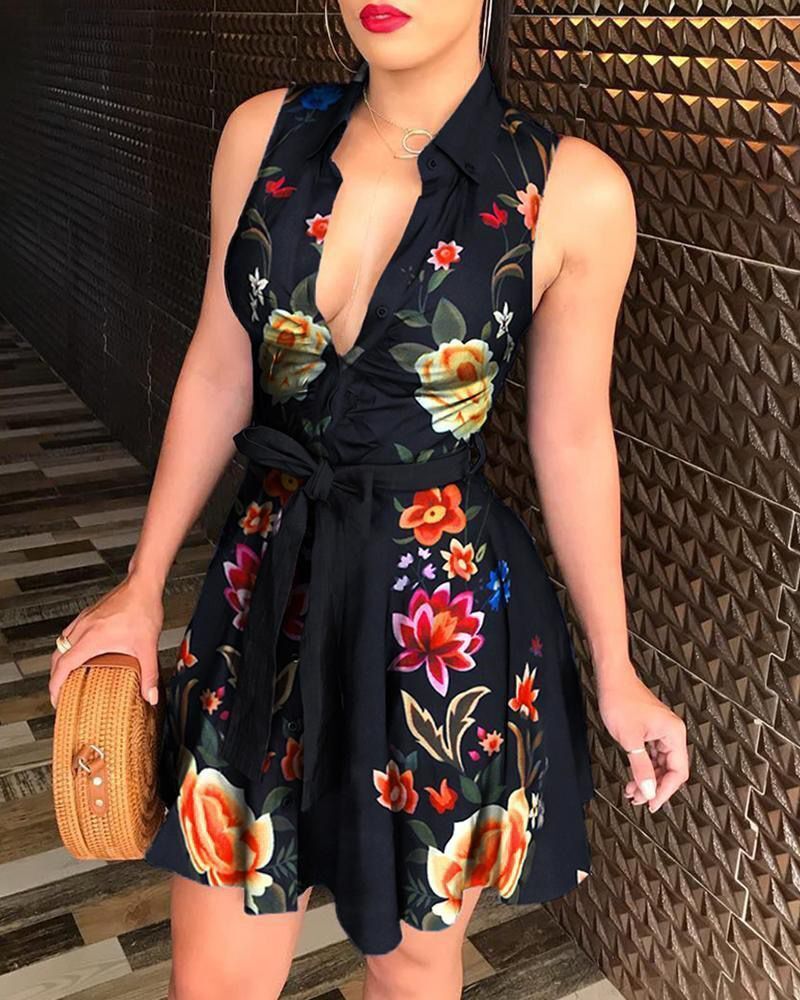 Robe imprimée sexy sans manches à col en V pour femme