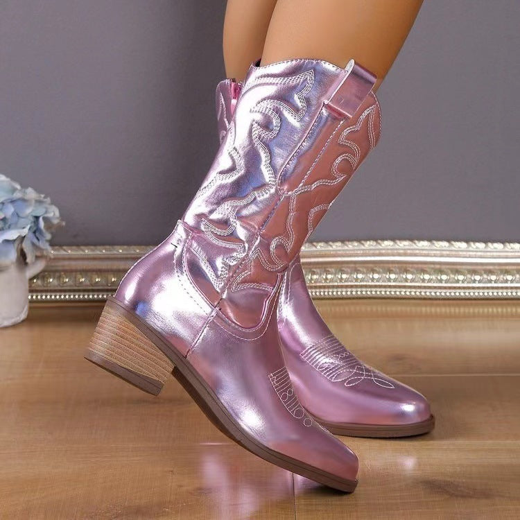 Botas vaqueras de punta estrecha y tacón grueso, botas de caballero sólidas de tubo medio a la moda, zapatos de otoño e invierno para mujer