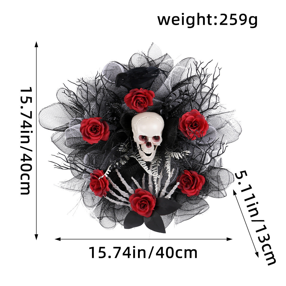 Guirlande de roses rouges et crânes en maille pour décoration de porte d'Halloween