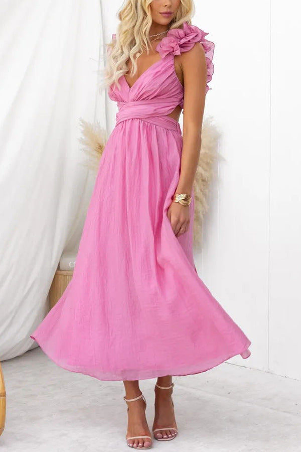 Women's Sleeveless Solid Color Lace-up Pleated Skirt Dress