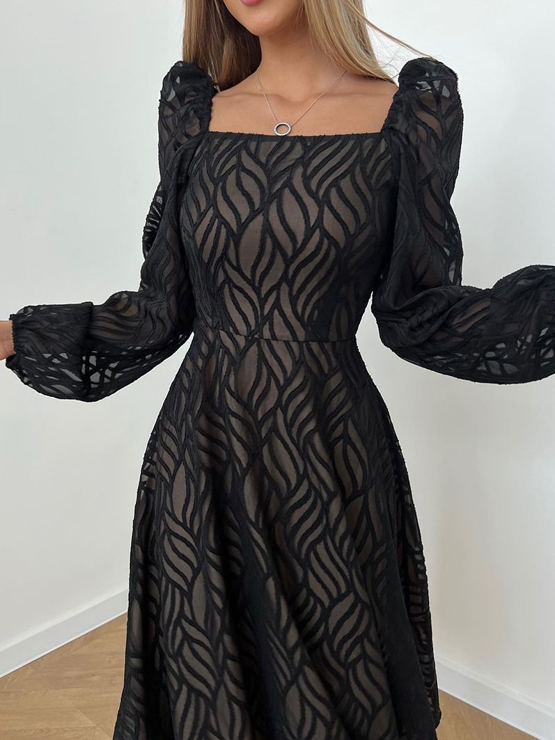 Women's Graceful And Fashionable Hollow-out Micro-transparent Jacquard High Waist Long Sleeves Dress