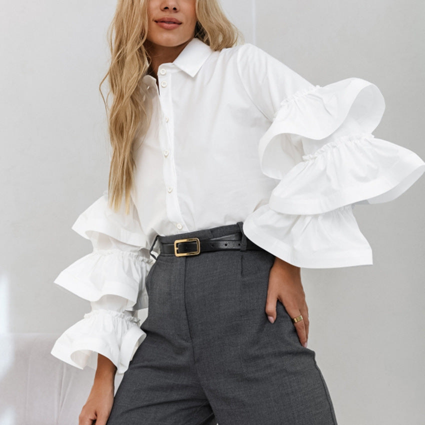 Chemise à volants en coton à revers de style français
