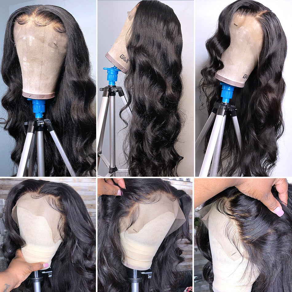 Pelucas de cabello humano con frente de encaje ondulado y cuerpo en pulgadas, baño peruano