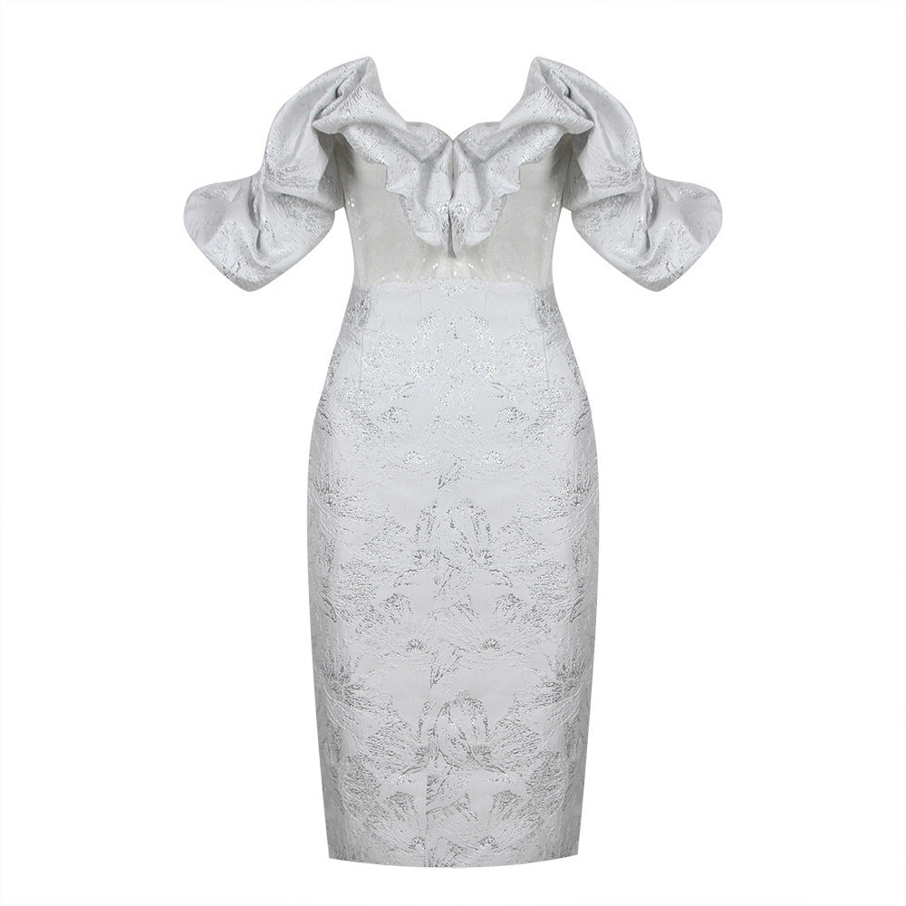 Women's Sexy Temperament Jacquard Backless Wrap Chest V-neck Bottom Slit Mid-length High-end Dress Dress Silver