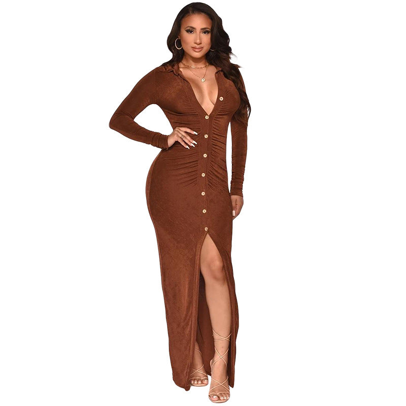 Robe cardigan tendance en velours coréen, couleur unie, slim, sexy, sac, hanche, jupe longue