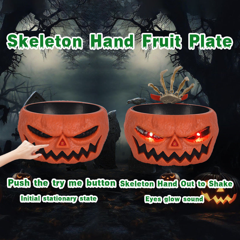 Cuenco de plástico con forma de calabaza para dulces de Halloween con mano activada por movimiento, platos para servir de Halloween, cuenco de calabazas de Halloween que funciona con pilas para fiestas de truco o trato