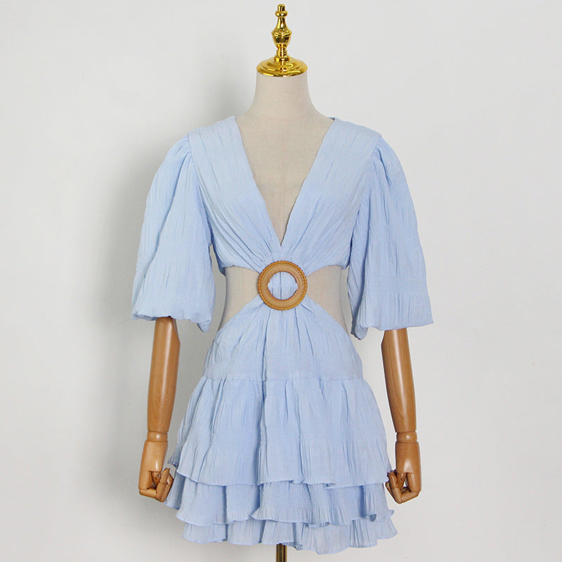 Women's Fashion Solid Color And V-neck Puff Sleeve Dress