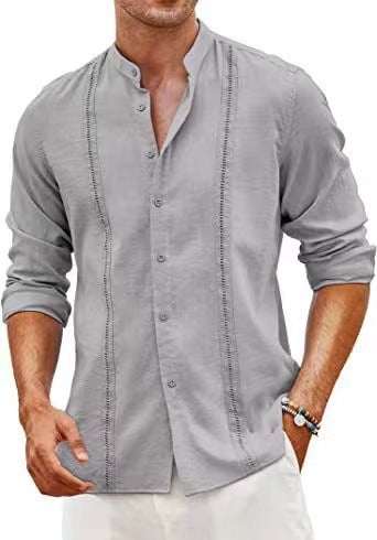 Camisa informal de manga larga con cuello alto de algodón y lino a la moda para hombre
