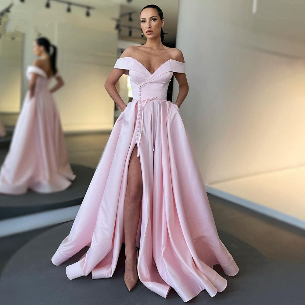 Vestido sexy de satén mixto con cintura alta, hombros descubiertos, escote en V profundo y abertura alta