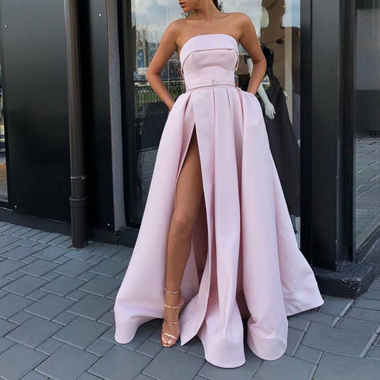 Robe de soirée longue en satin simple avec fente haute et fermeture éclair, sans bretelles