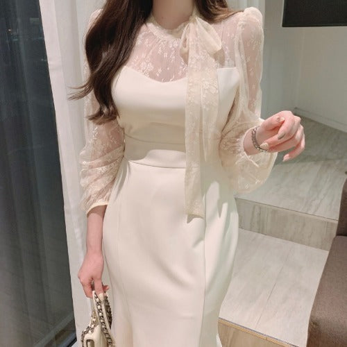 Robe fourreau amincissante en patchwork de mailles rubanées à taille haute
