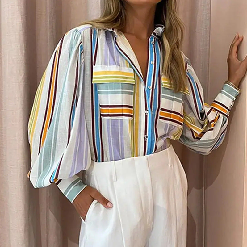 Nouveau haut décontracté élégant à manches longues et revers imprimé peint