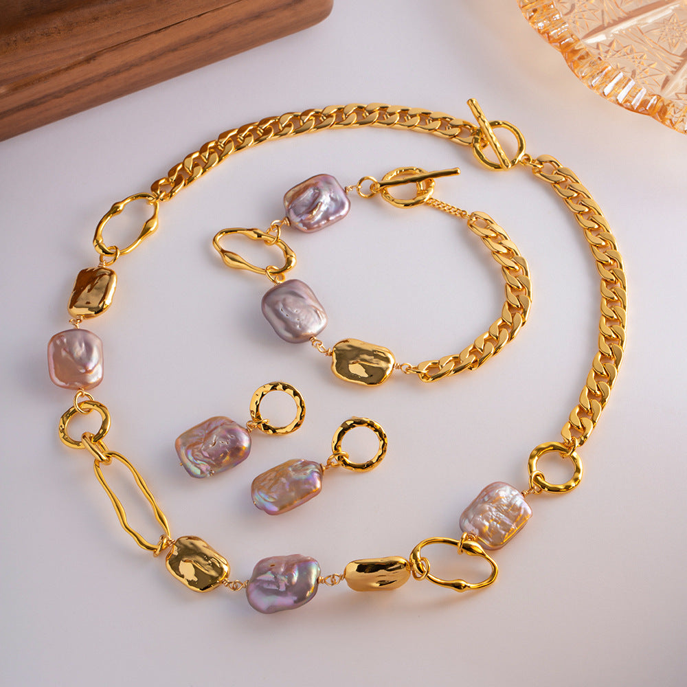 Pulsera de mujer con cadena de eslabones cubanos, barroco, pastel, perla natural, cuadrado irregular