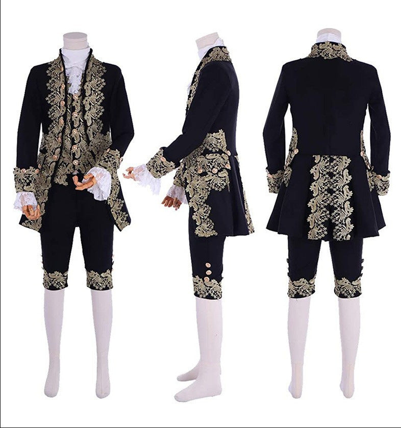 Costume de scène masculin noble en dentelle brodée médiévale européenne rétro