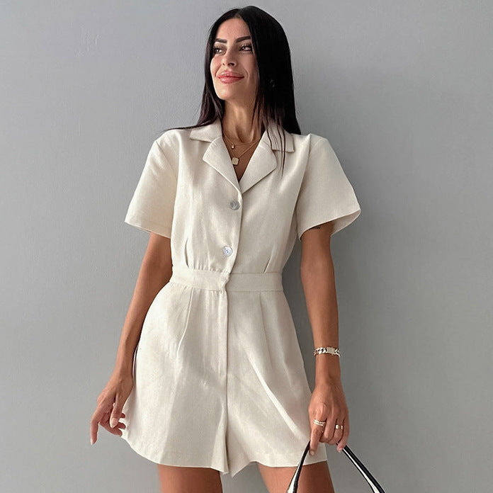 Combinaison décontractée taille haute en coton et lin à la française
