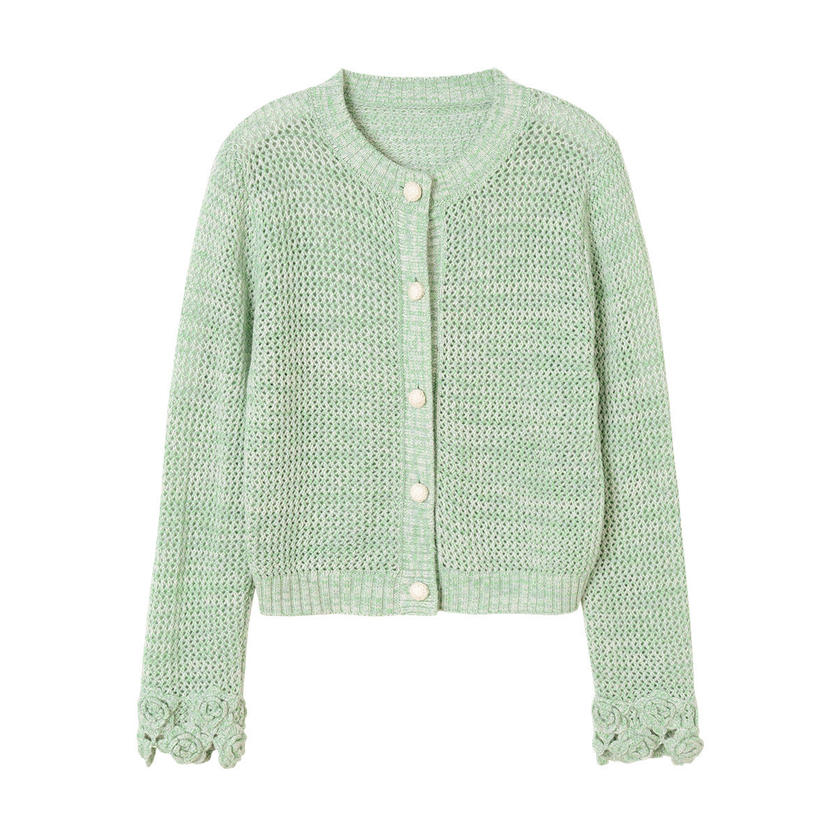 Cardigan col rond en velours épais et cachemire pour femme, pull creux vert, poignets crochetés