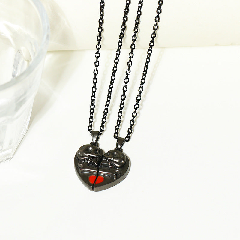 Collier avec pendentif tête de mort punk rétro pour Halloween, en forme de cœur, avec coutures magnétiques, pour couple