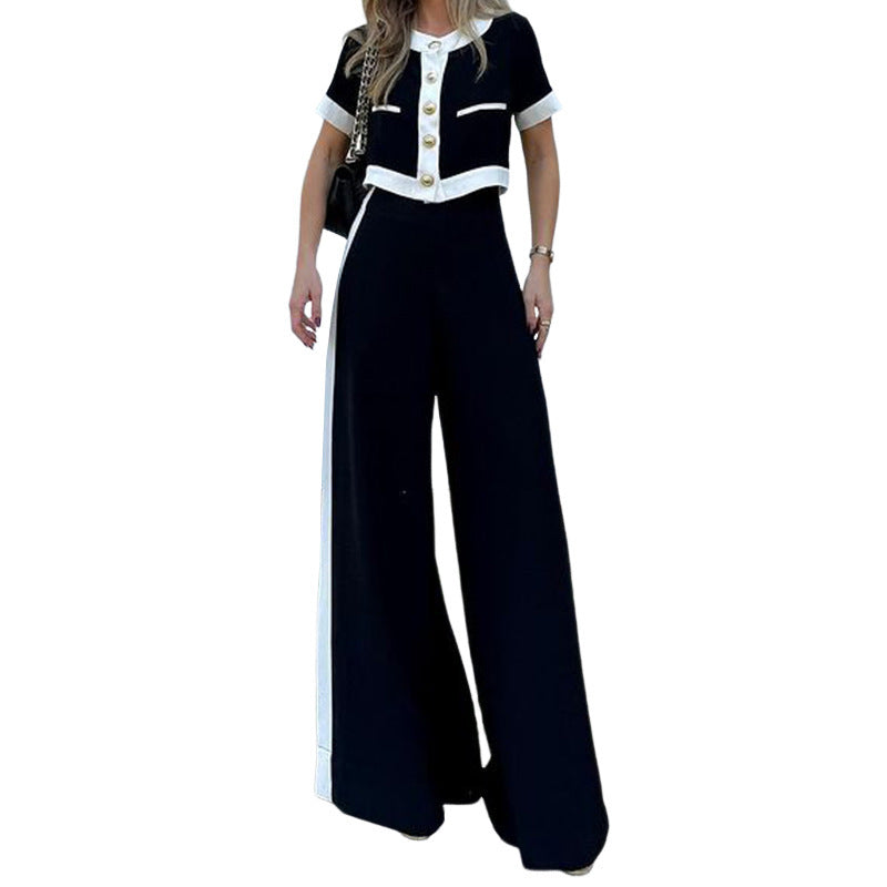 Conjunto de dos piezas de camiseta de viajero diario, top estilo short, pantalones de pierna recta