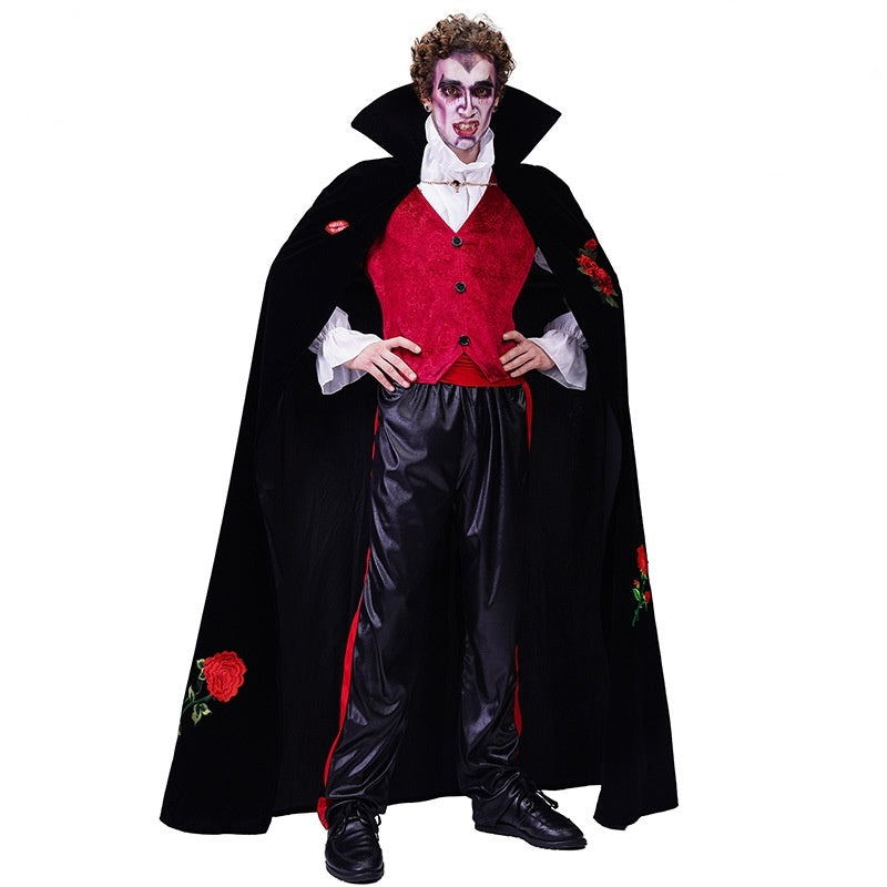 Costume de vampire brodé de roses pour Halloween, pour couple, pour spectacle sur scène