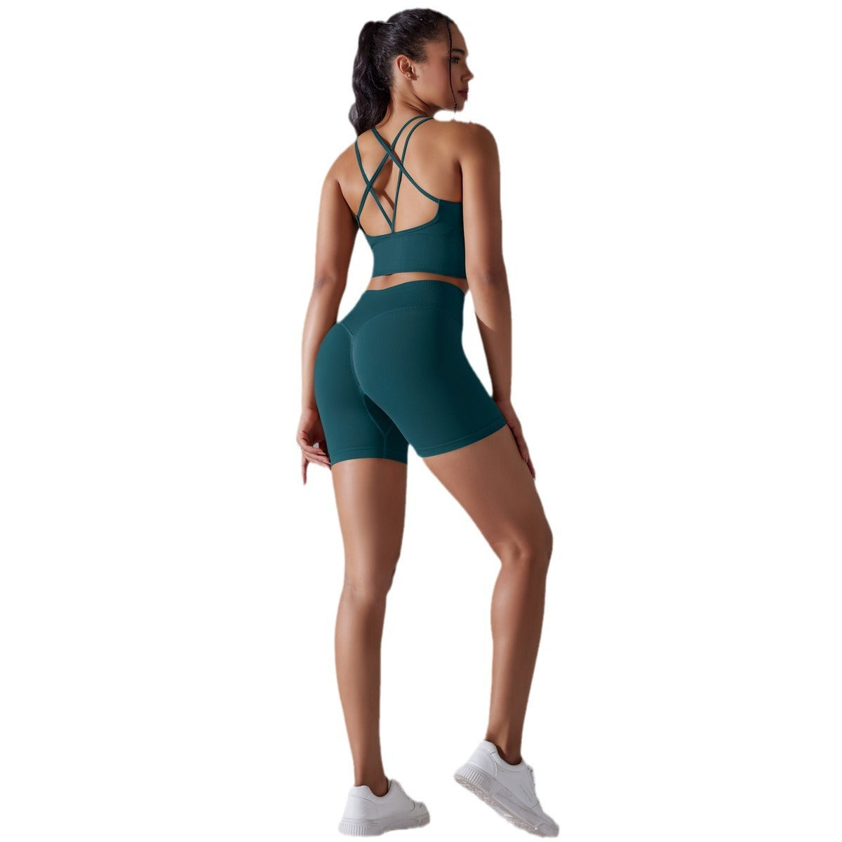 Traje de yoga ajustado deportivo de alta elasticidad con espalda de belleza de color sólido de punto sin costuras