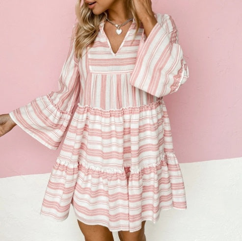 Printed V-neck Flared Long-sleeved Patchwork Casual Full-length Dress