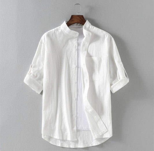 Camisa holgada de lino con cuello alto para hombre
