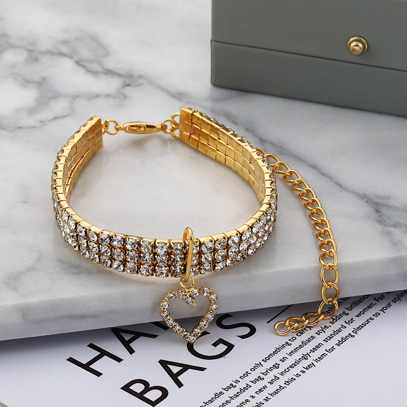 Collar elástico de tres filas con diamantes de imitación para mascotas, collar para perros y gatos