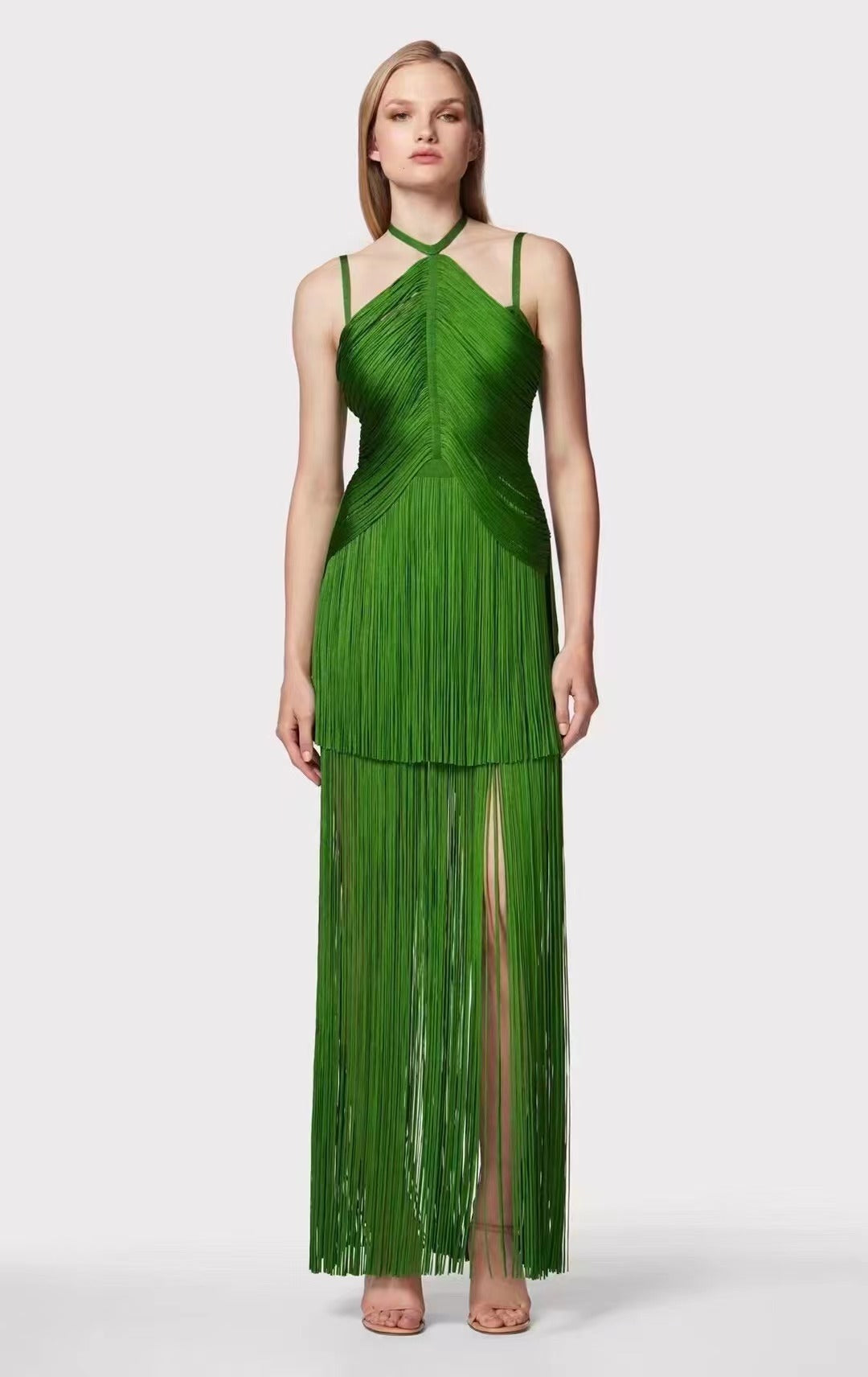Robe de soirée verte à bretelles spaghetti et pompons