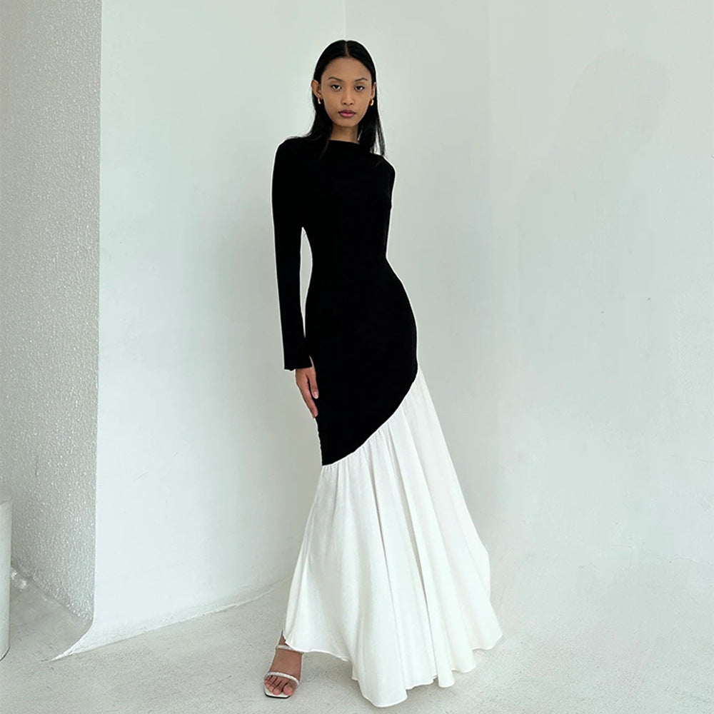 Robe tendance à col rond et manches longues, coutures fines sur les hanches