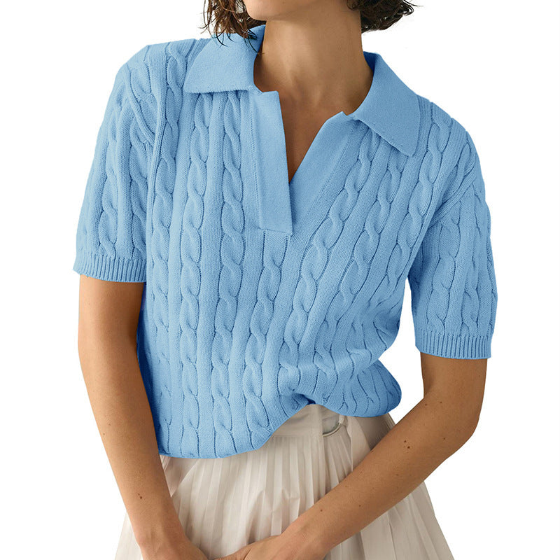 Pull à manches courtes et col polo pour femme Pull en tricot décontracté pour femme
