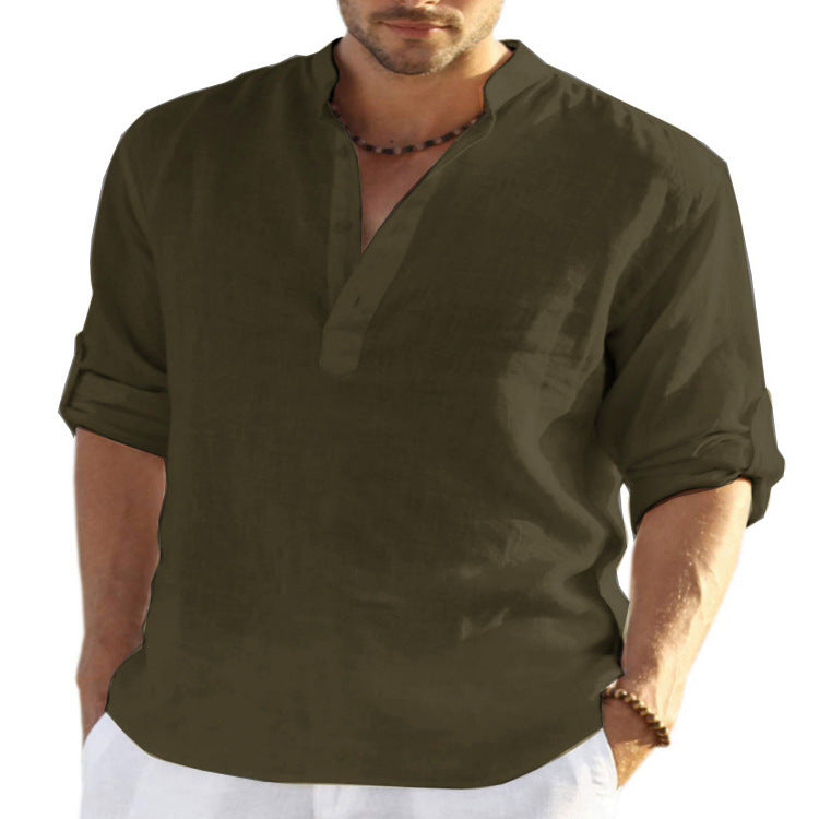 Camisa informal de algodón y lino de color liso con cuello alto holgado y manga larga para hombre