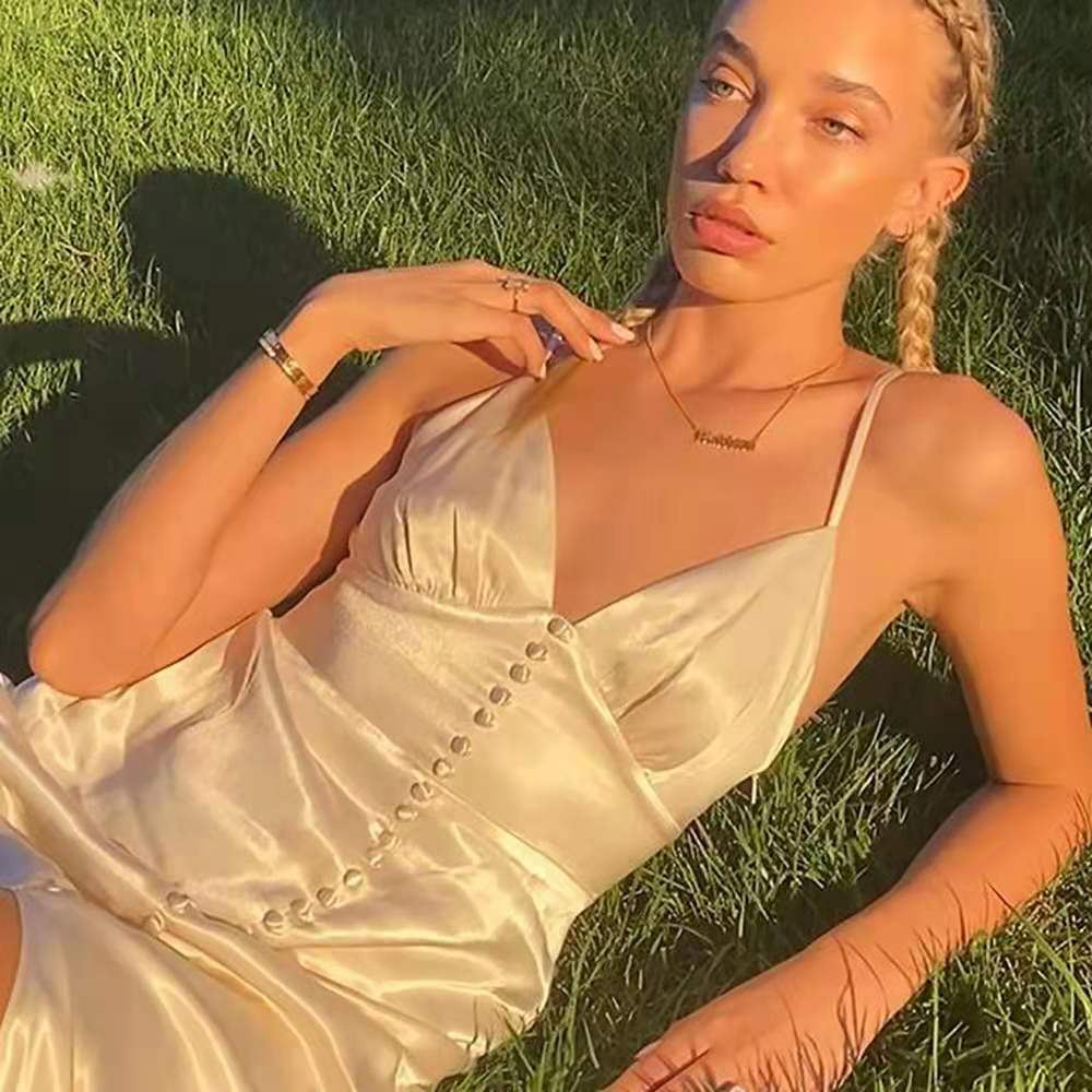 Women's Sling V-Neck Satin Back Slit Maxi Dress
