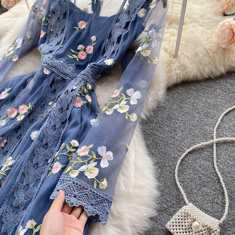 Vestido de malla bordado de industria pesada para mujer