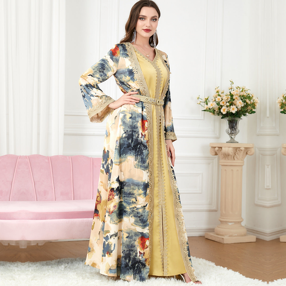 Vestido de dos piezas con escote en V y manga larga para mujer