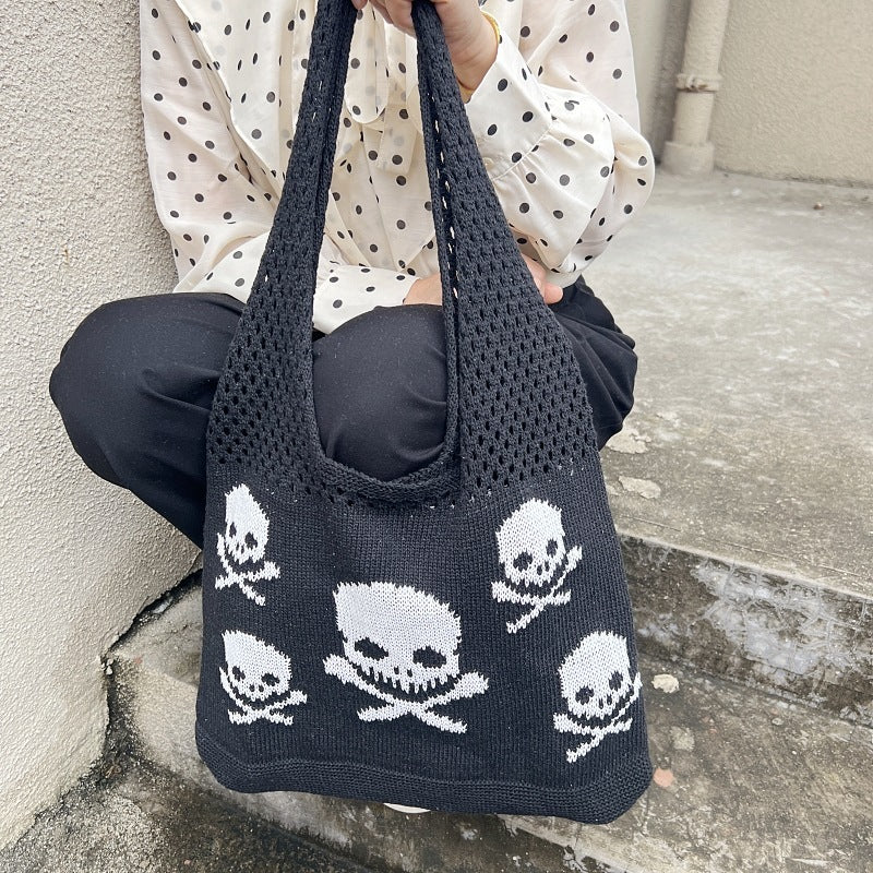 Sac à bandoulière tricoté motif tête de mort pour Halloween, sacs de courses amusants et creux pour femmes
