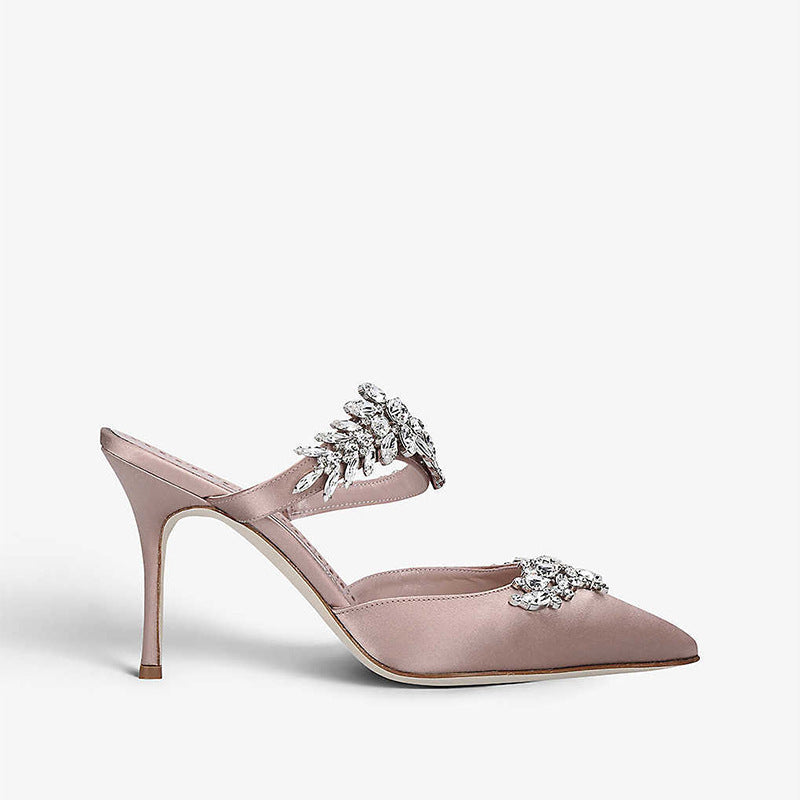 Sandalias francesas con punta en punta y tacón de aguja con diamantes de imitación